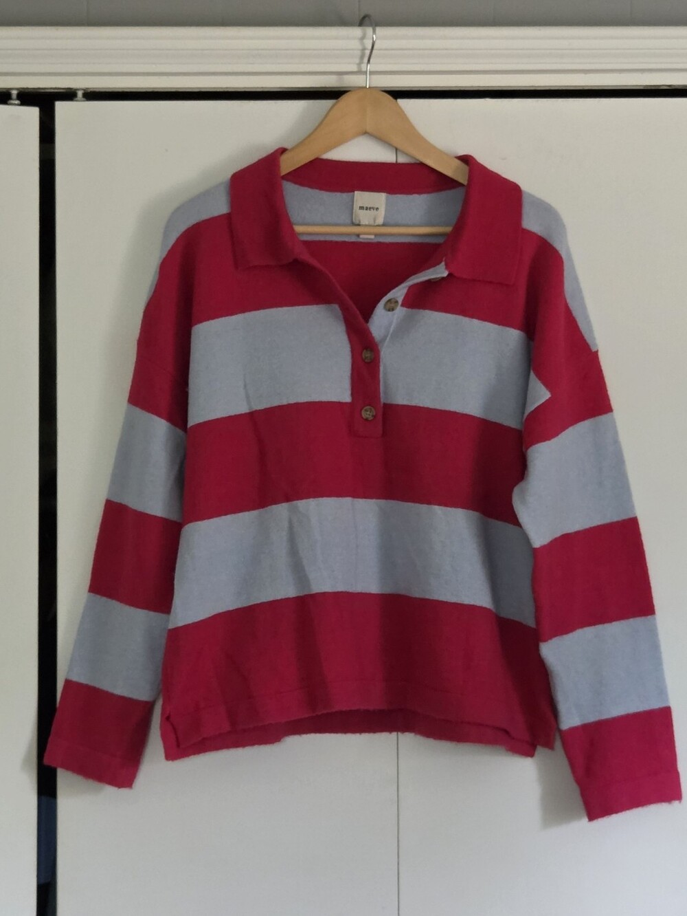 Maeve Pink and Light Blue Striped Polo Sweater